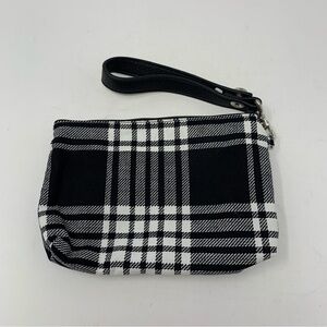 Thirty-One Wristlet Pouch Black White Plaid Zippered Top